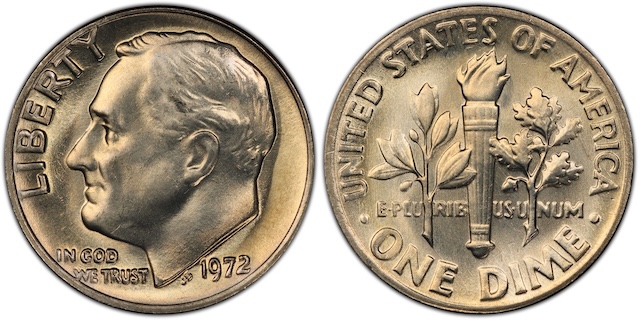 Side-by-side comparison of 1972 dime with weak torch bands vs Full Bands designation showing complete band separation