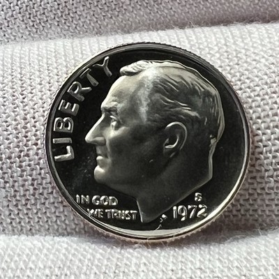1972-S Roosevelt dime proof showing Deep Cameo contrast with frosted Roosevelt portrait against mirrored field