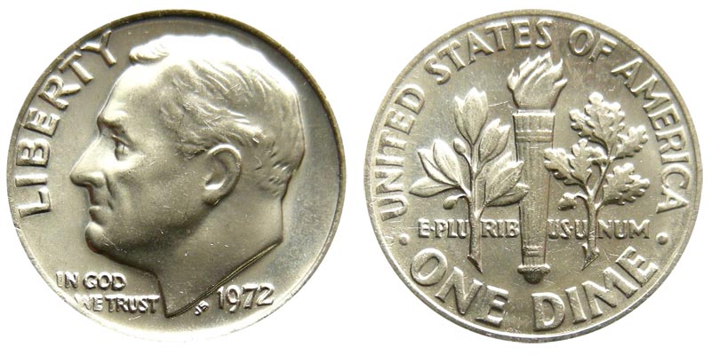 1972 Roosevelt dime grading strip showing four condition tiers from worn to gem uncirculated